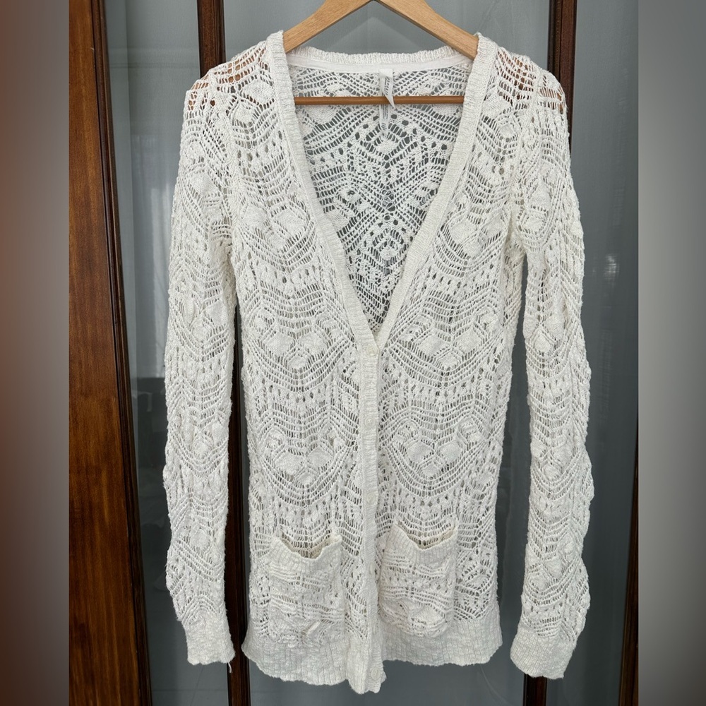 Aeropostale Open Knit Crochet Long Cardigan Size M White Boho Hippie Festival
